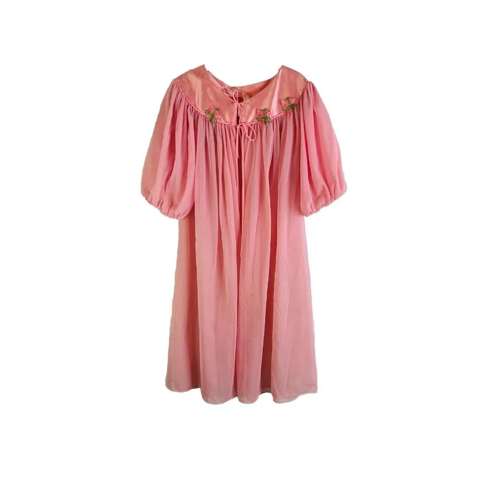 Vintage 60s Pink Nylon Chiffon Flowy Peignoir Gown USA Fairy Angel - Picture 1 of 8